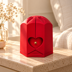 Closed red Rose Box with its sculpted crown and heart-shaped front detail on pale stone