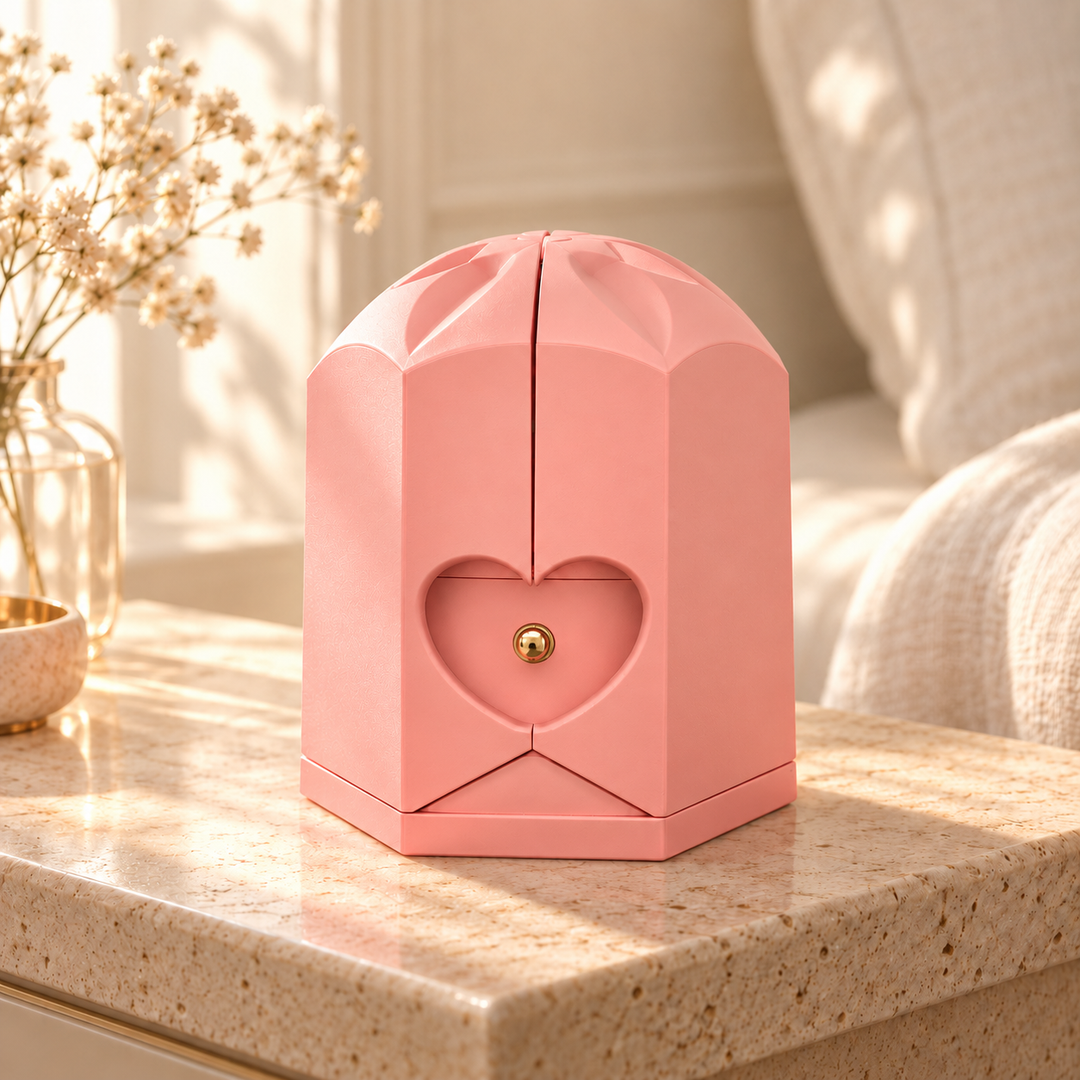 Closed pink Rose Box with sculpted crown and heart detail on pale stone