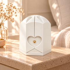 Closed white Rose Box with sculpted crown and heart detail on pale stone