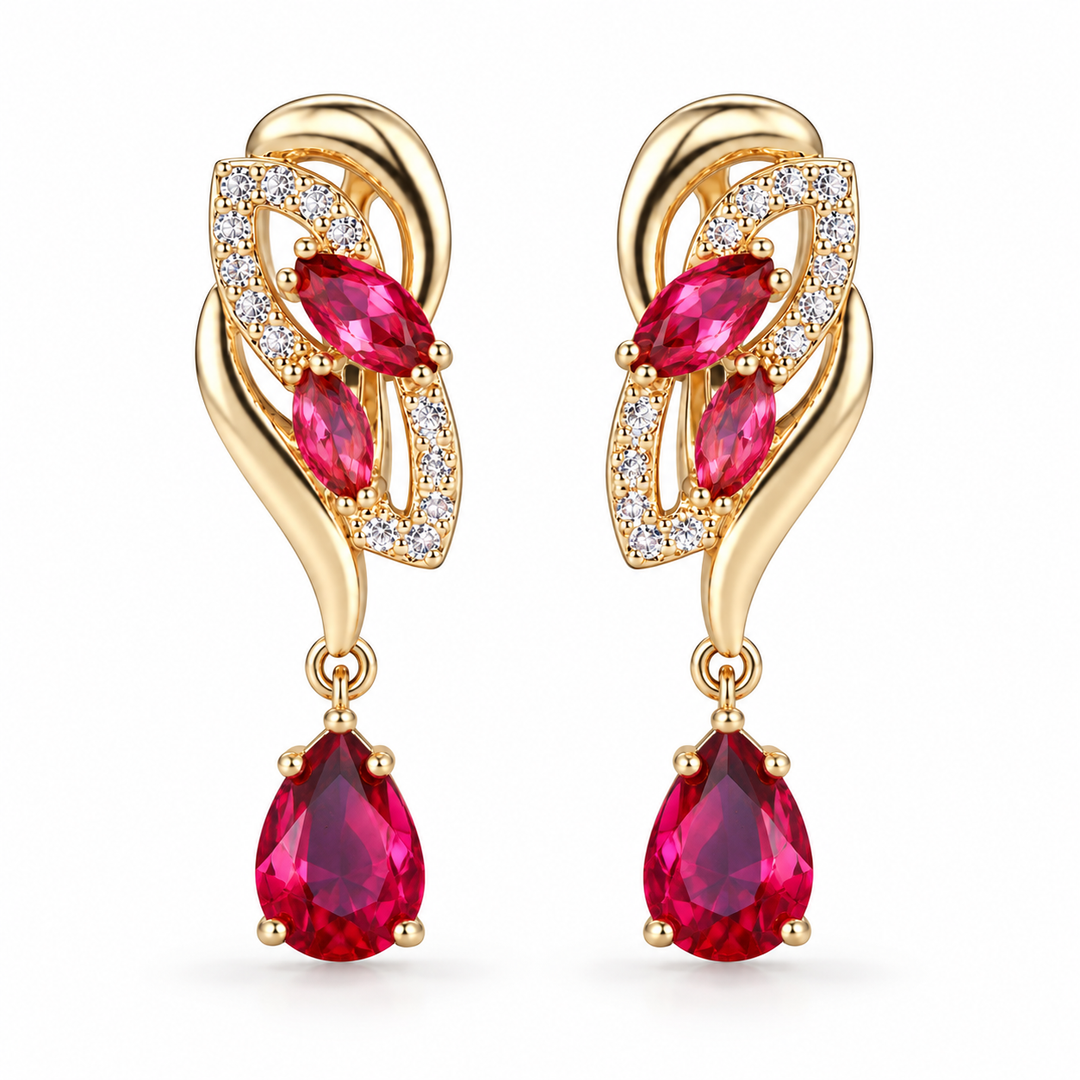 Iris Scarlet earrings in Gold, front view of the pair