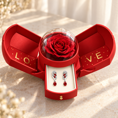 Iris Scarlet Silver earrings revealed in the drawer of an open red Rose Box with the clear dome over the rose