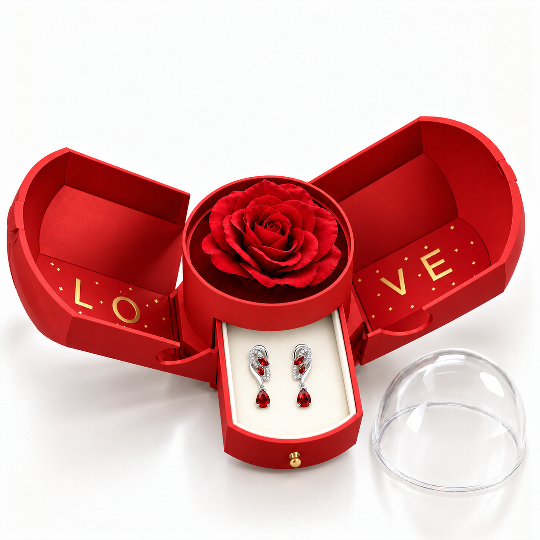 Iris Scarlet Silver earrings, one pair in the open red Rose Box drawer, with the matching rose and clear dome alongside