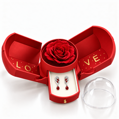 Iris Scarlet Silver earrings, one pair in the open red Rose Box drawer, with the matching rose and clear dome alongside