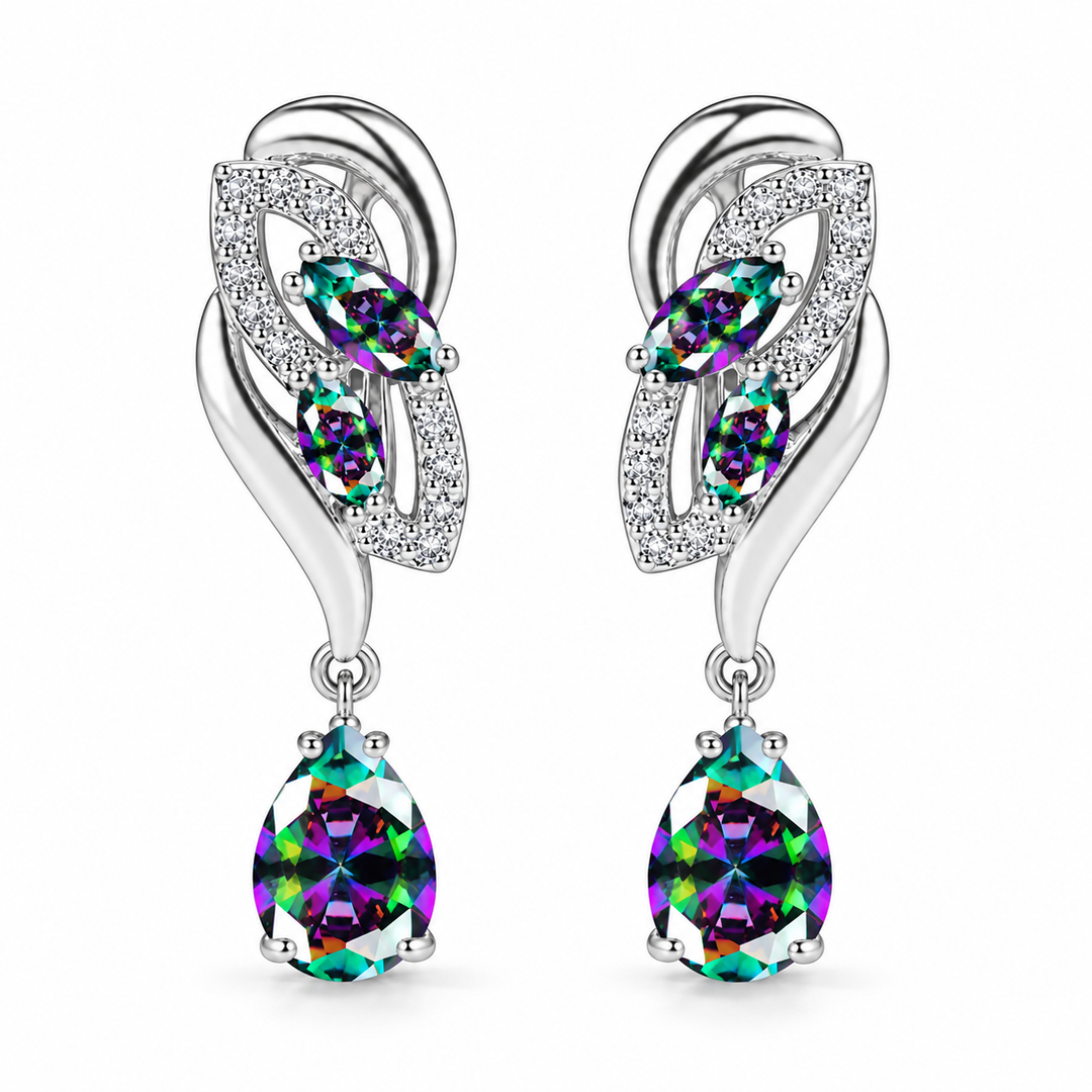 Iris Drop Earrings in Spectrum, a matching pair with a silver leaf-inspired setting and faceted pear drops on white