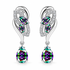 Iris Drop Earrings in Spectrum, a matching pair with a silver leaf-inspired setting and faceted pear drops on white
