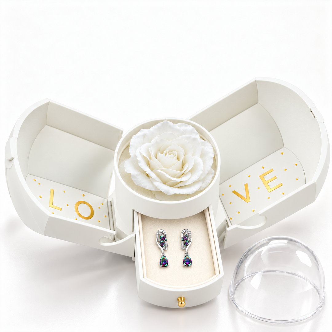 Iris Spectrum Silver earrings, one pair in the open white Rose Box drawer, with the matching rose and clear dome alongside