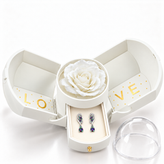 Iris Spectrum Silver earrings, one pair in the open white Rose Box drawer, with the matching rose and clear dome alongside