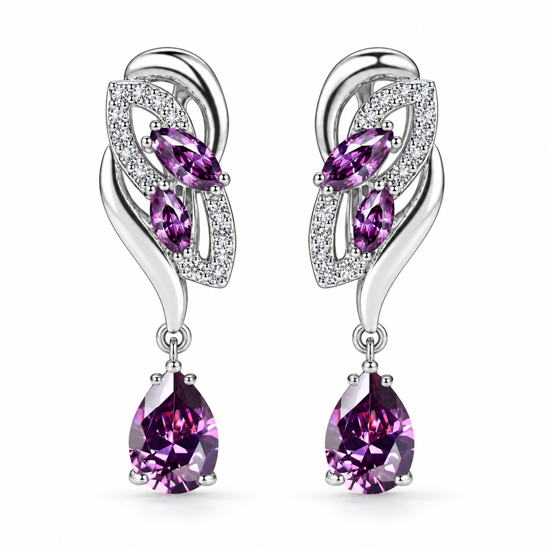 Iris Drop Earrings in Violet, a matching pair with a silver leaf-inspired setting and faceted pear drops on white