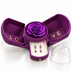 Iris Violet Silver earrings, one pair in the open purple Rose Box drawer, with the matching rose and clear dome alongside