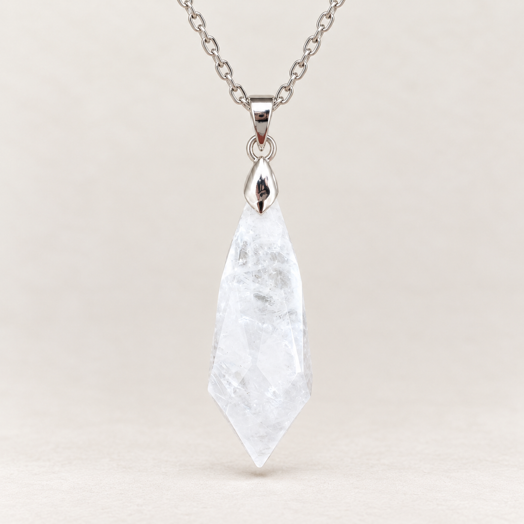 Meteor Clear faceted pendant, centred silver-tone fitting and fine chain on a light background