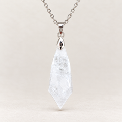 Meteor Clear faceted pendant, centred silver-tone fitting and fine chain on a light background
