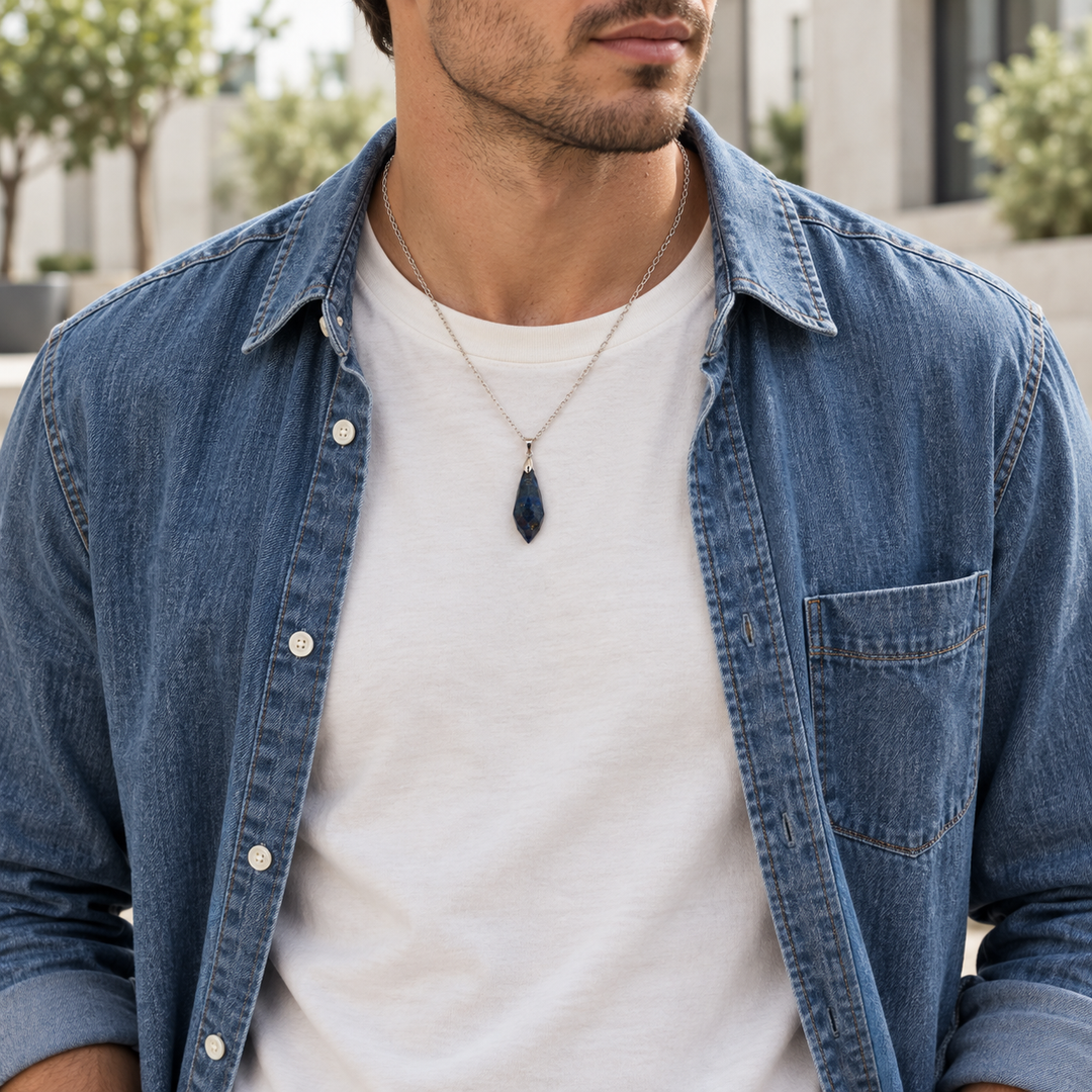 Meteor Cobalt necklace worn with a white tee with a denim overshirt, showing its compact pendant and chain drop
