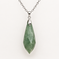 Meteor Green faceted pendant, centred silver-tone fitting and fine chain on a light background