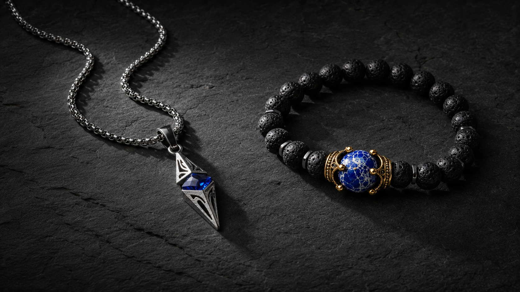 ZAFT Axis necklace and Crest bracelet arranged on dark stone