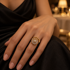 Petal Gold ring styled with a black evening dress