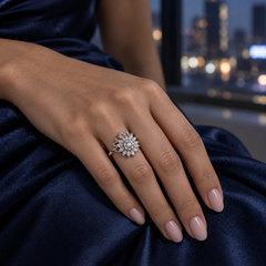 Petal in Silver worn with a navy evening outfit