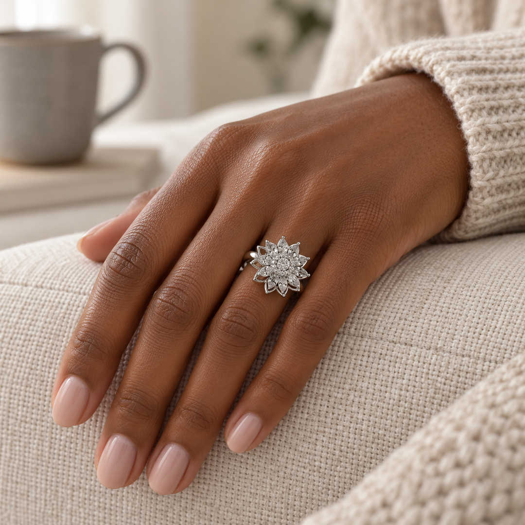 Petal in Silver with an ivory knit cuff in natural window light
