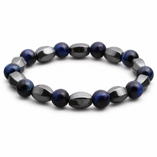 Prism Abyss indigo and hematite bracelet on white background