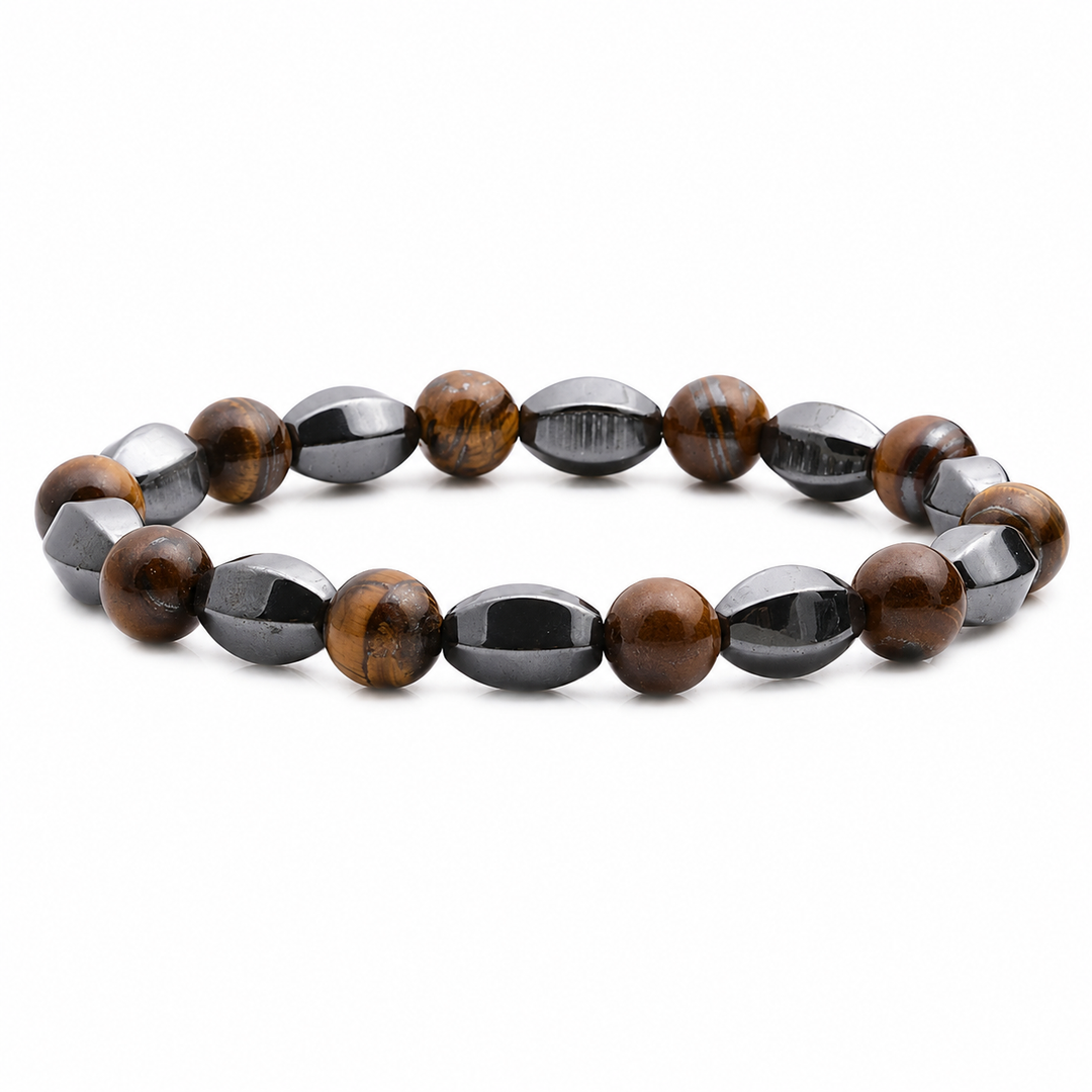 Prism Copper brown stone and gunmetal hematite bracelet on white background
