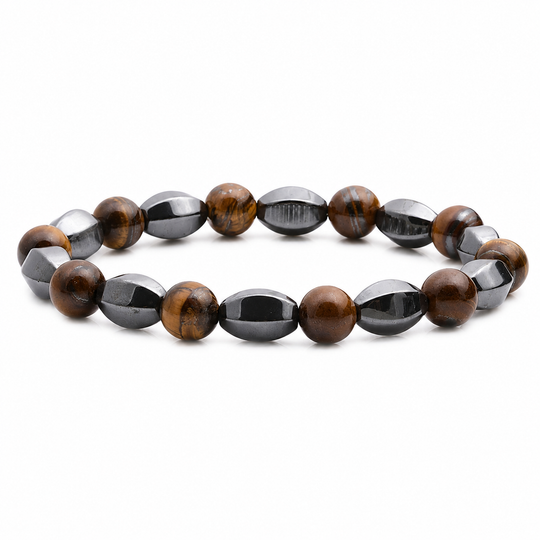Prism Copper brown stone and gunmetal hematite bracelet on white background