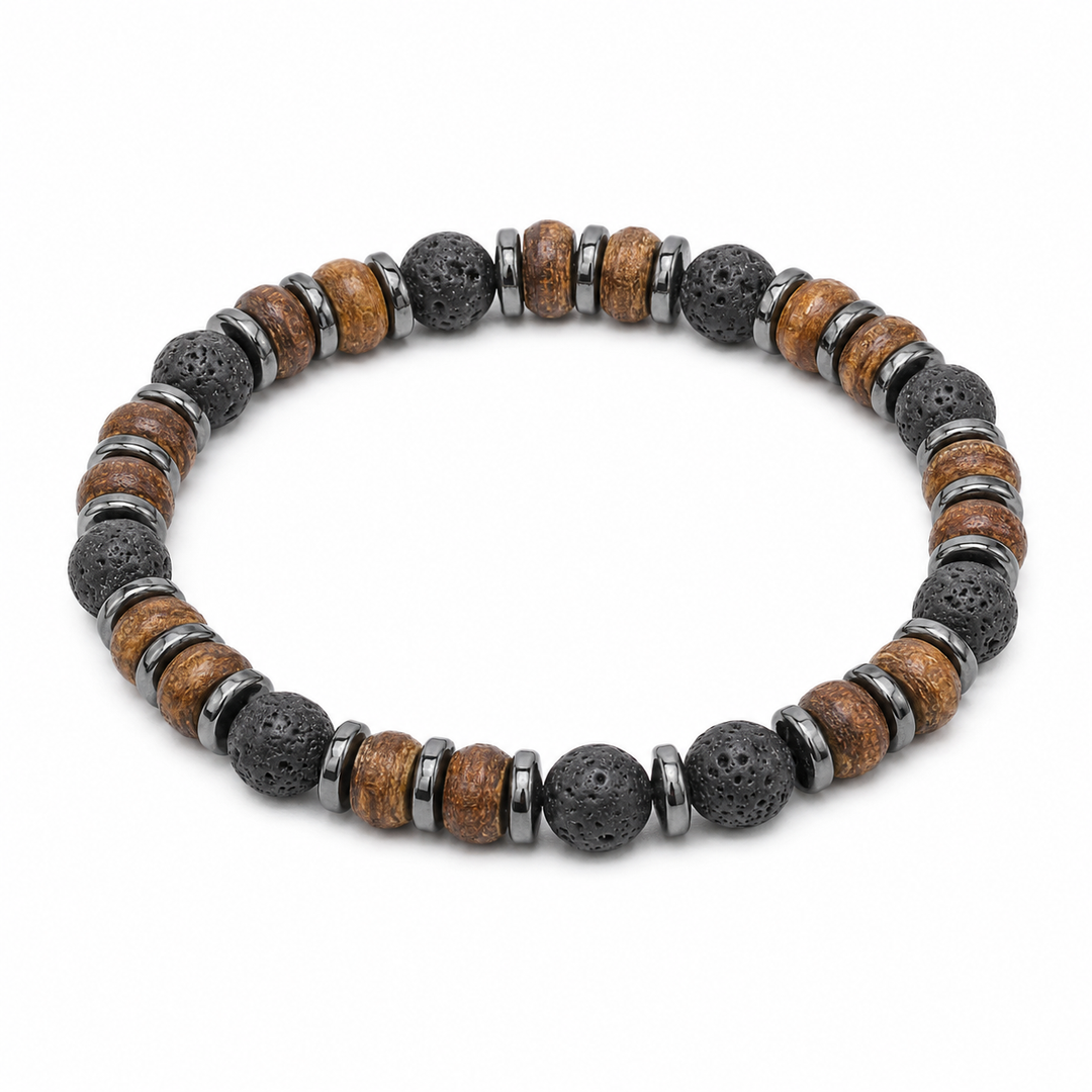 Relic mixed wood, lava-stone and hematite bracelet on white background