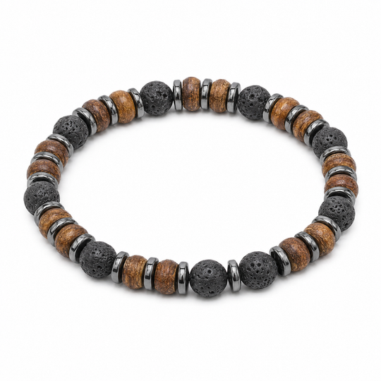 Relic mixed wood, lava-stone and hematite bracelet on white background