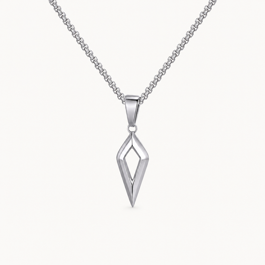 Shard polished silver open diamond necklace on a warm white background