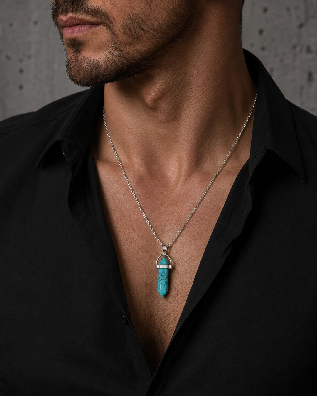 Man wearing the ZAFT Spire Turquoise crystal-point necklace