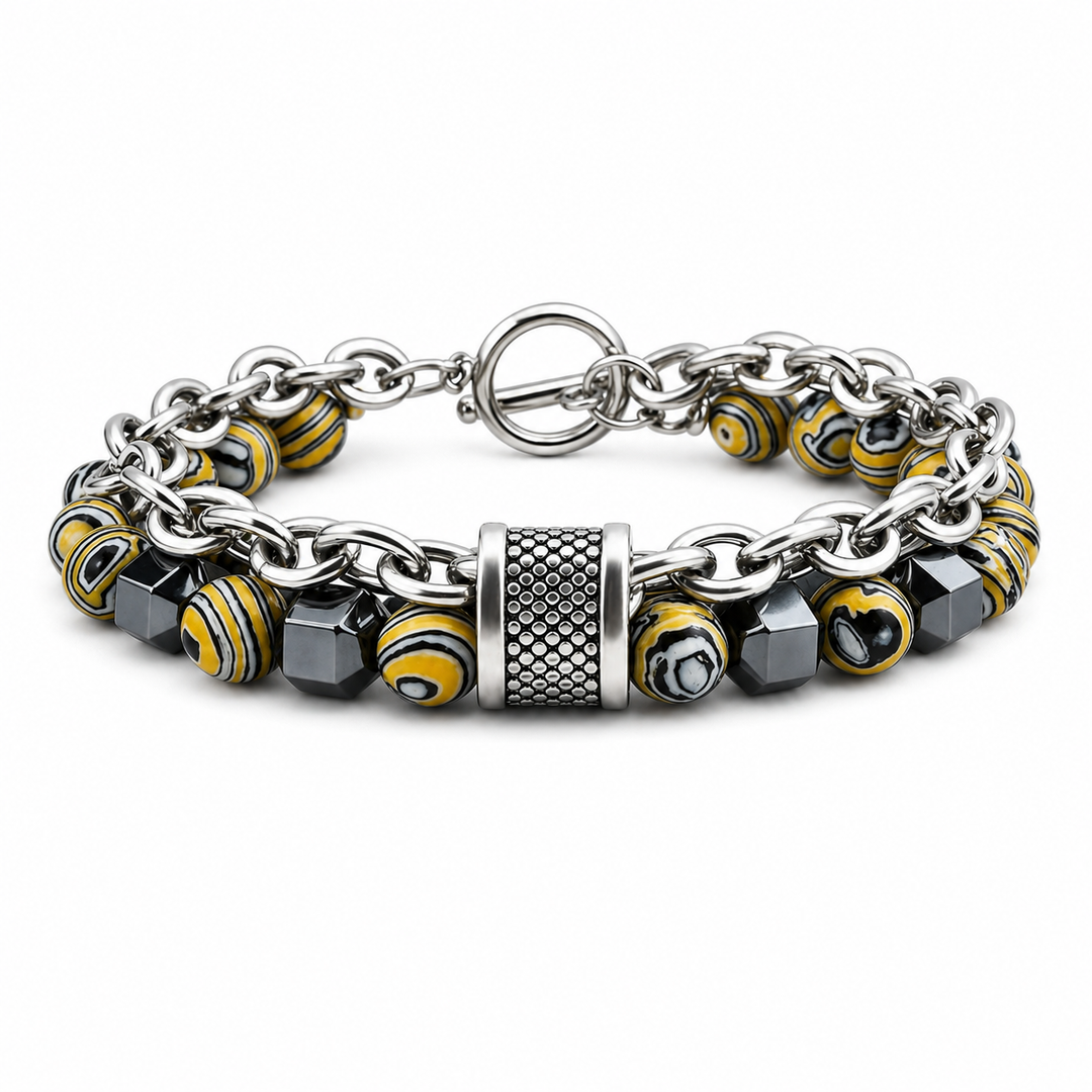 Tether Amber yellow-pattern stone and silver chain bracelet on white background