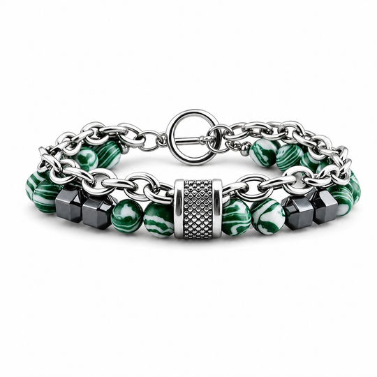 Tether Current green-white stone and silver chain bracelet on white background
