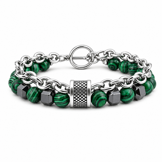 Tether Fern green-banded stone and silver chain bracelet on white background
