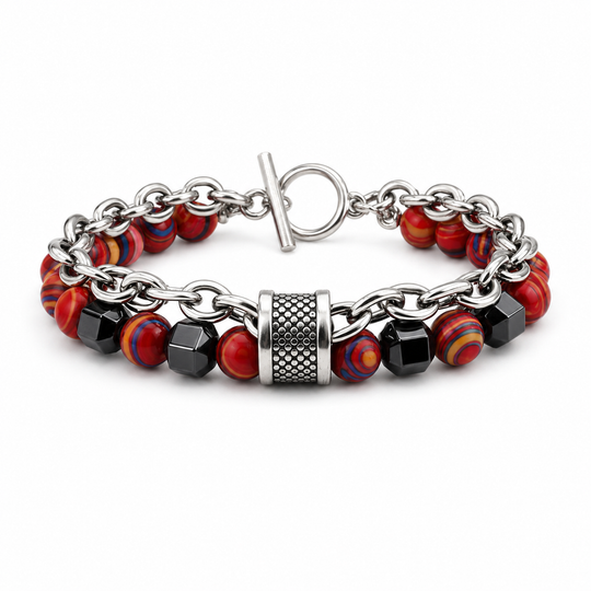 Tether Magma red-orange-blue stone and silver chain bracelet on white background