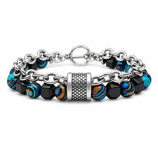Tether Rift blue-orange stone and silver chain bracelet on white background