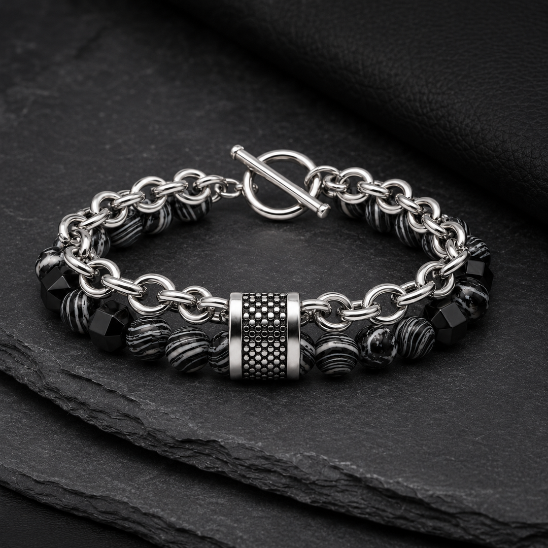 Tether Slate bracelet on layered charcoal slate and black leather