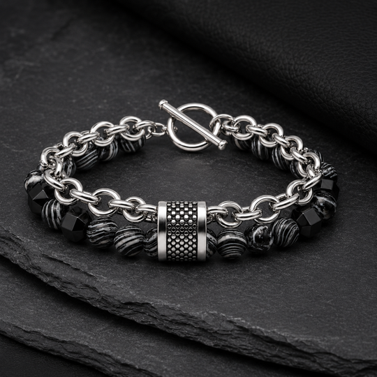 Tether Slate bracelet on layered charcoal slate and black leather