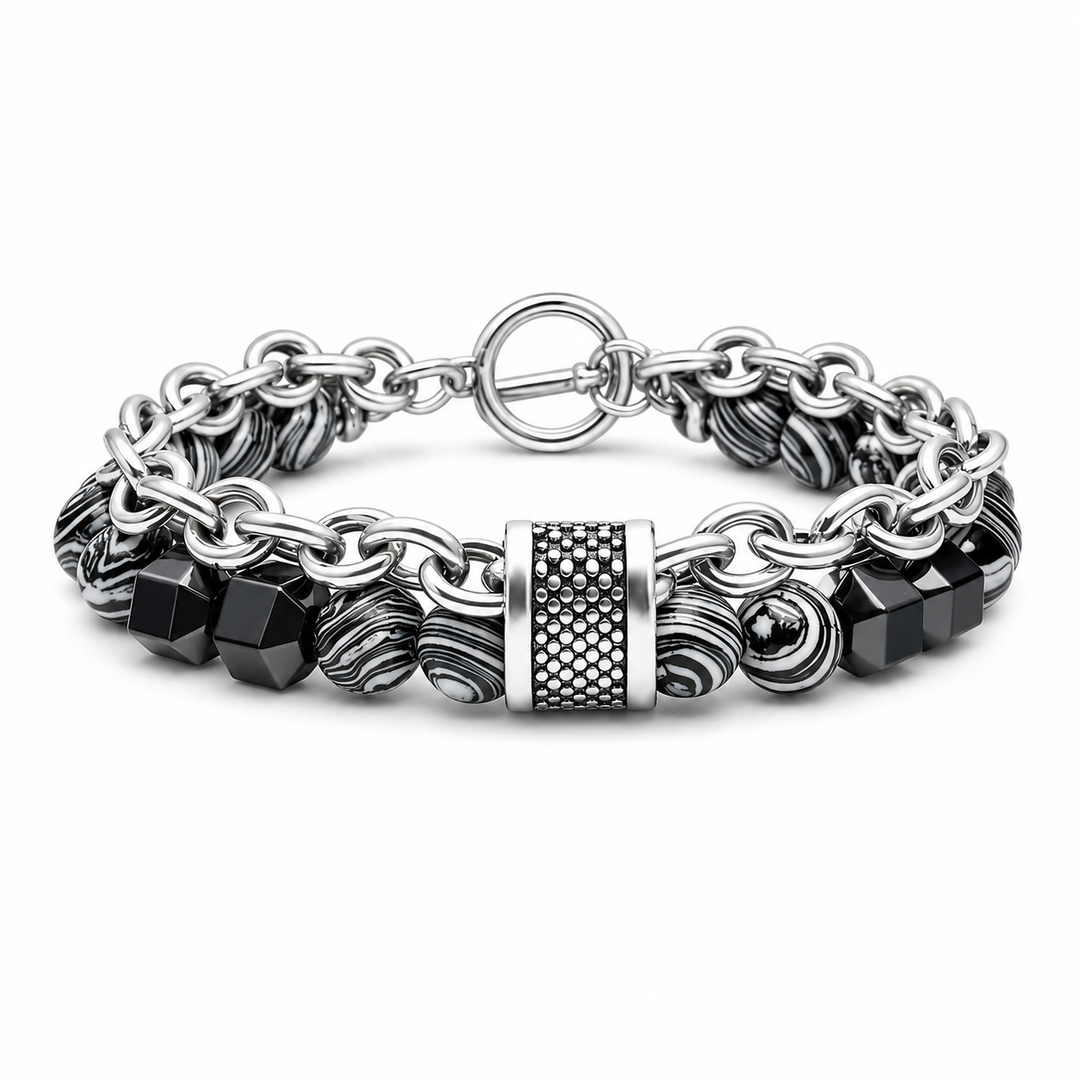 Tether Slate silver chain and monochrome stone bracelet on white background