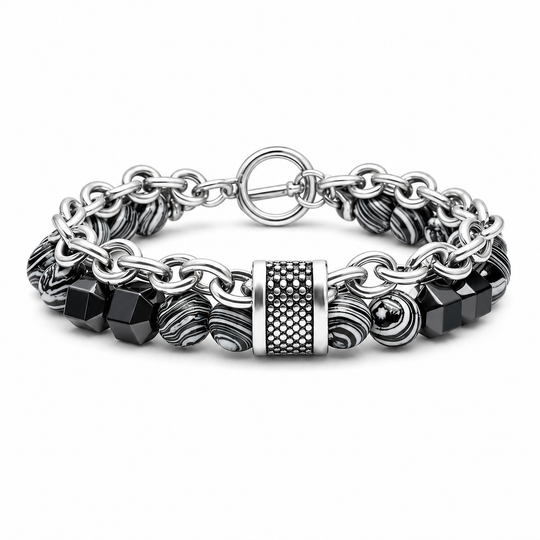 Tether Slate silver chain and monochrome stone bracelet on white background