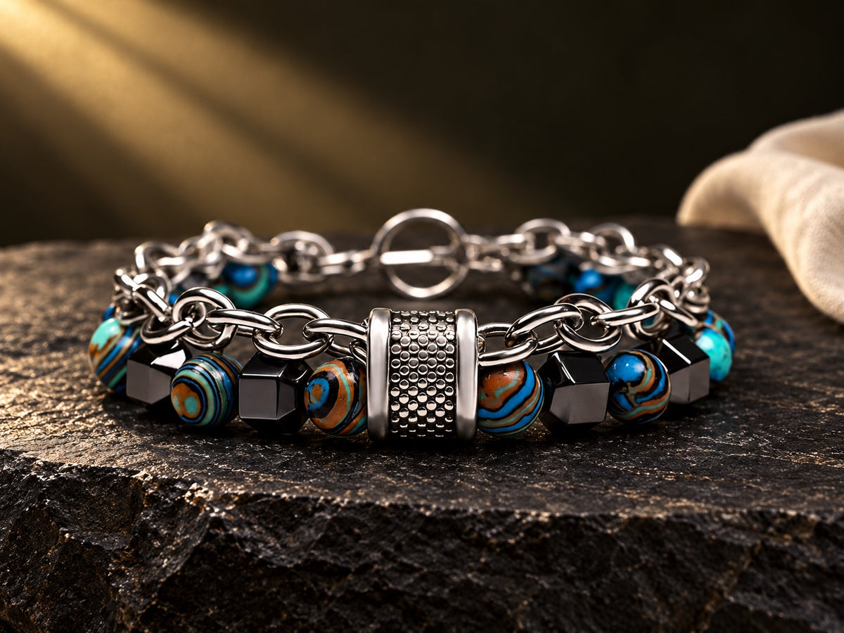 Tether Rift bracelet showing its blue and brown beads, dark faceted spacers and silver chain on charcoal stone.