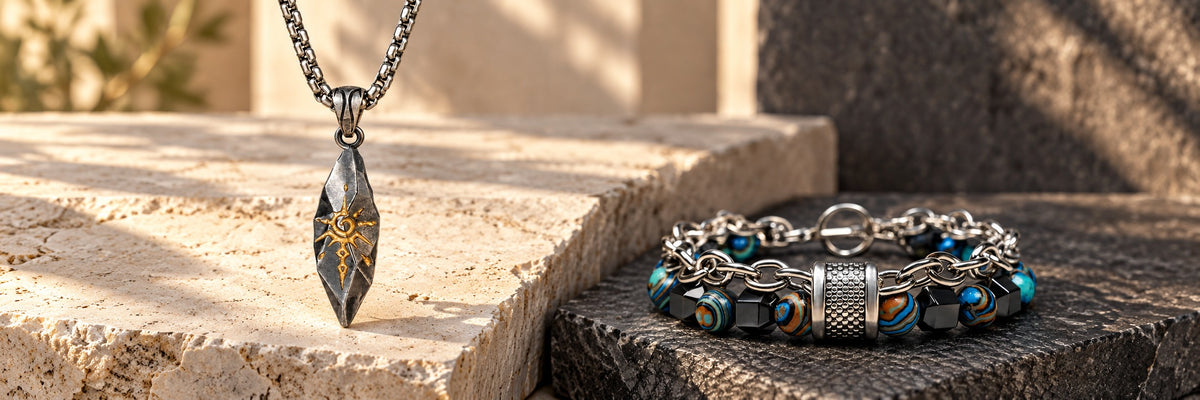 Sigil Graphite necklace and Tether Rift bracelet on contrasting stone
