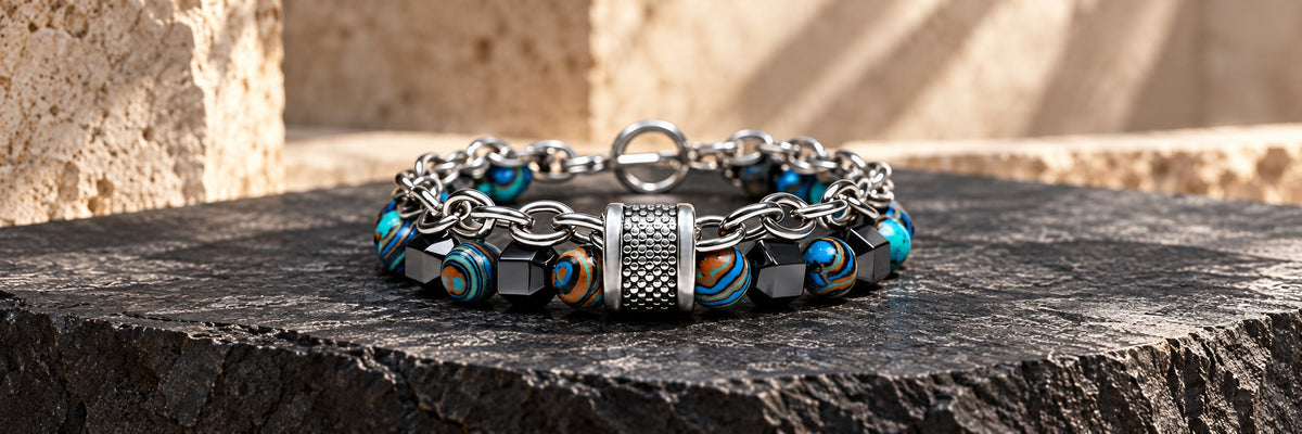 Tether Rift bracelet with stone beads, silver chain and toggle clasp on charcoal slate