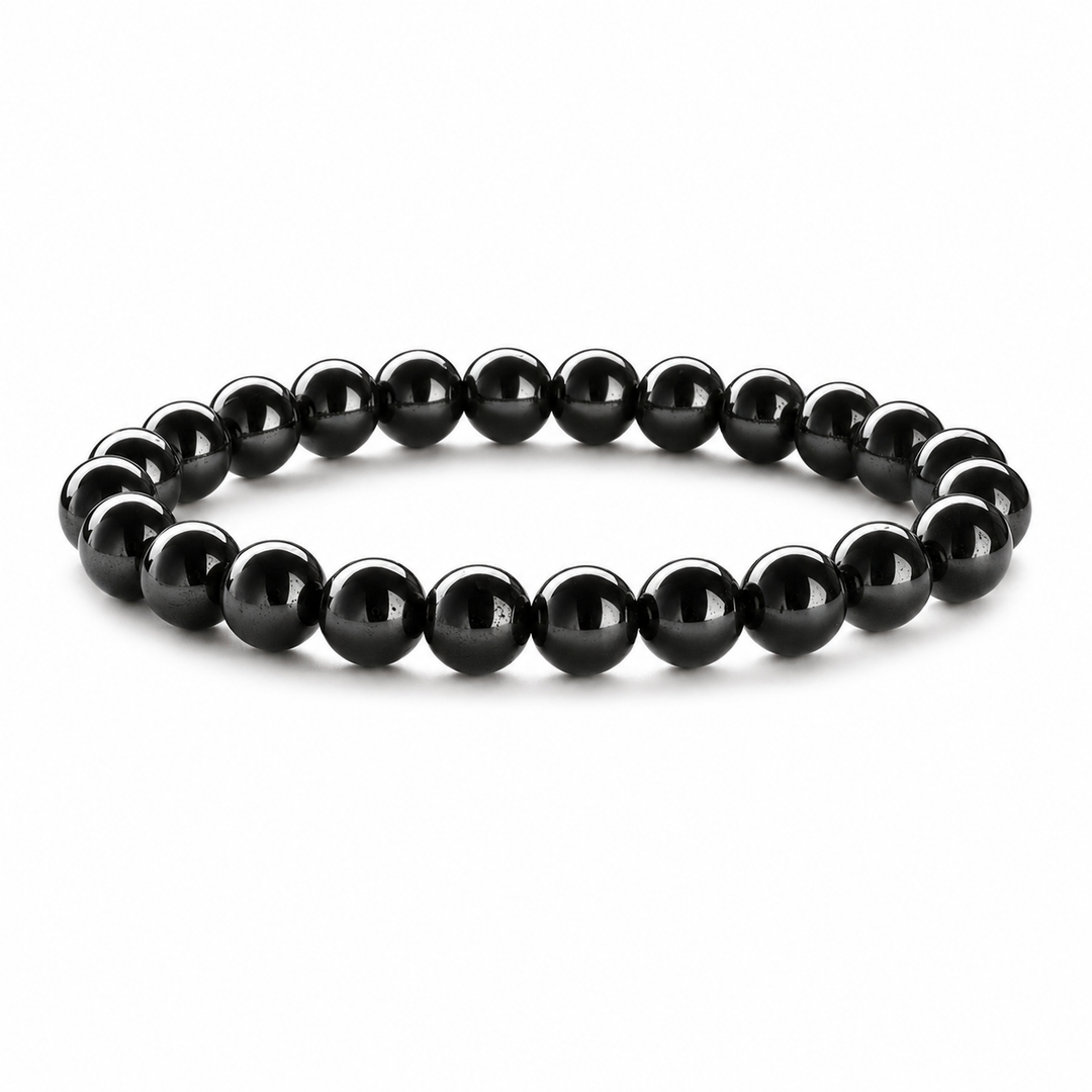Vestige Noir glossy black hematite bracelet on white background
