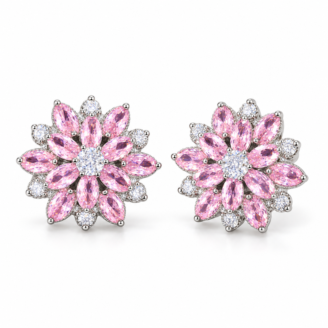 Dahlia flower stud earring pair in Blush, showing the layered marquise petals and round clear centre.