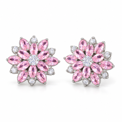 Dahlia flower stud earring pair in Blush, showing the layered marquise petals and round clear centre.