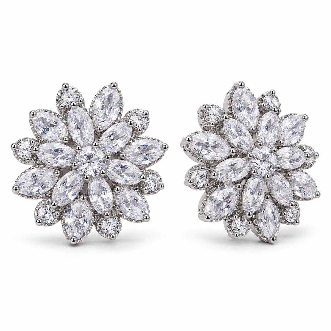 Dahlia flower stud earring pair in Clear, showing the layered marquise petals and round clear centre.