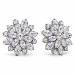 Dahlia flower stud earring pair in Clear, showing the layered marquise petals and round clear centre.