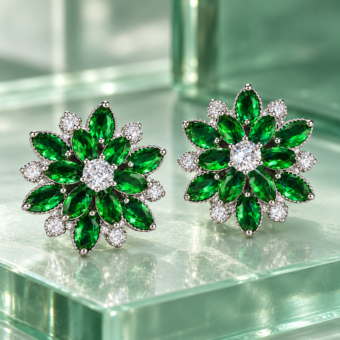 Dahlia Forest green flower stud pair on pale green glass