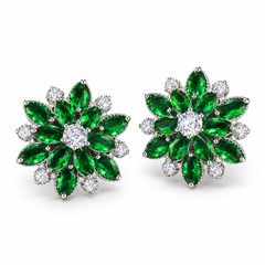 Dahlia flower stud earring pair in Forest, showing the layered marquise petals and round clear centre.
