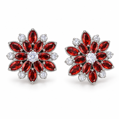 Dahlia flower stud earring pair in Scarlet, showing the layered marquise petals and round clear centre.