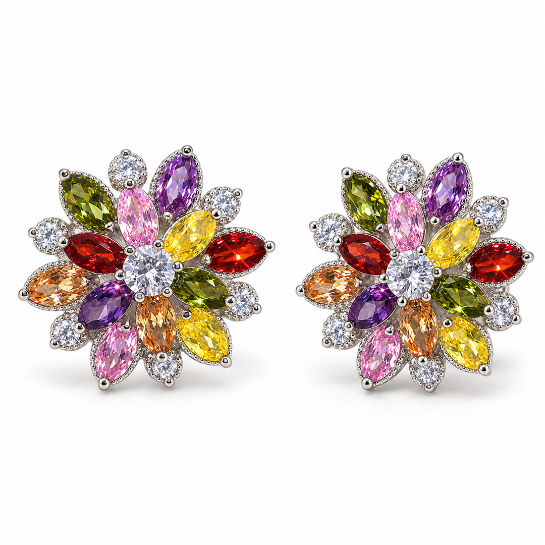 Dahlia flower stud earring pair in Spectrum, showing the layered marquise petals and round clear centre.