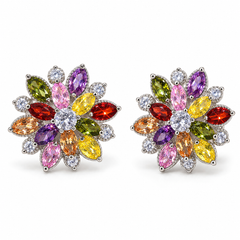 Dahlia flower stud earring pair in Spectrum, showing the layered marquise petals and round clear centre.